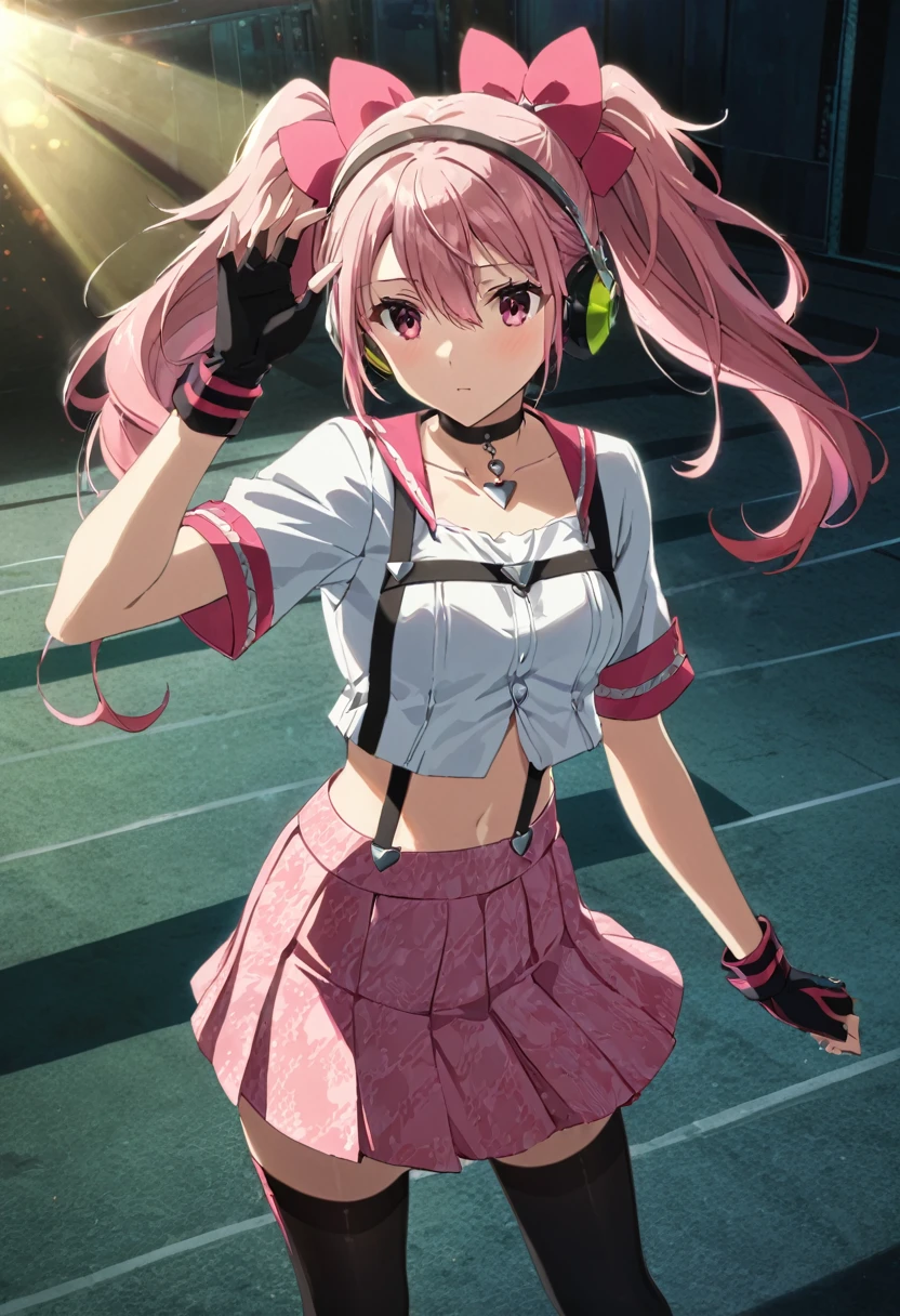 ,(mediumshot:1),kujikawadancing, twintails, hair bow, headphones, white shirt, crop top, short sleeves, suspenders, pink skirt, black thighhighs, fingerless gloves, single glove, choker, midriff, Zettai ryoiki
,v-over eyes,,cinematic angle, anime screencap:0.8, official art, masterpiece, best quality,UHD,HDR,aesthetic,very aesthetic,,