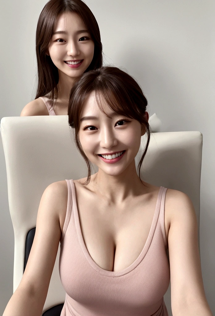 １people、Delicate skin quality、日本people、((Highest quality, 4K, Masterpiece: 1.3)), Beautiful style: 1.4, Short brown hair, Light pink short tank top, Large Breasts, Wet body, Sweaty, Place your arms on your hips, smile, Live streaming outfit, Highly detailed face and skin texture, Fine grain, double eyelid、The whole body is visible、White teeth、Gaming Chair