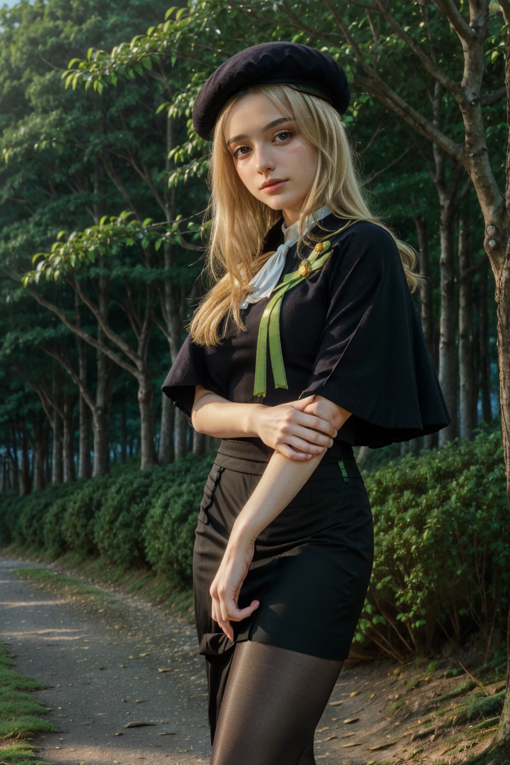 1 girl, best quality, ((Miyo)), tarankaaa, perfect face, beautiful smile, 30 years old, ((ascot,uniform, black skirt, cross, ribbon, gold blonde hair, emerald, beret, cape, pantyhose)), ((perfectly drawn hands)), perfect body, bare tree, bush, fog, forest, grass, nature, outdoors, plant, scenery, solo, standing, tree, 32k photograph, ((perfect eyes, detailed eyes,realistic eyes)), ((sharp face, detailed face, realistic face, natural skin, realistic skin, detailed skin, pores)), full body, tone mapping, asian-european, ((masterpiece)), ((highres)), ((detailed background)), japanese village background, night, big proportions, (abdomen is covered)