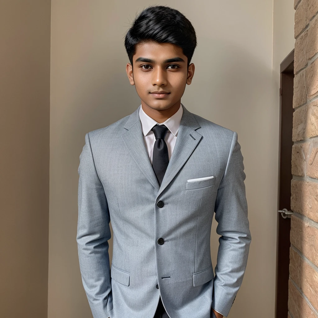 A 21 year old indian boy with fair skin round face with narrow body Posing for LinkedIn picture in formals 