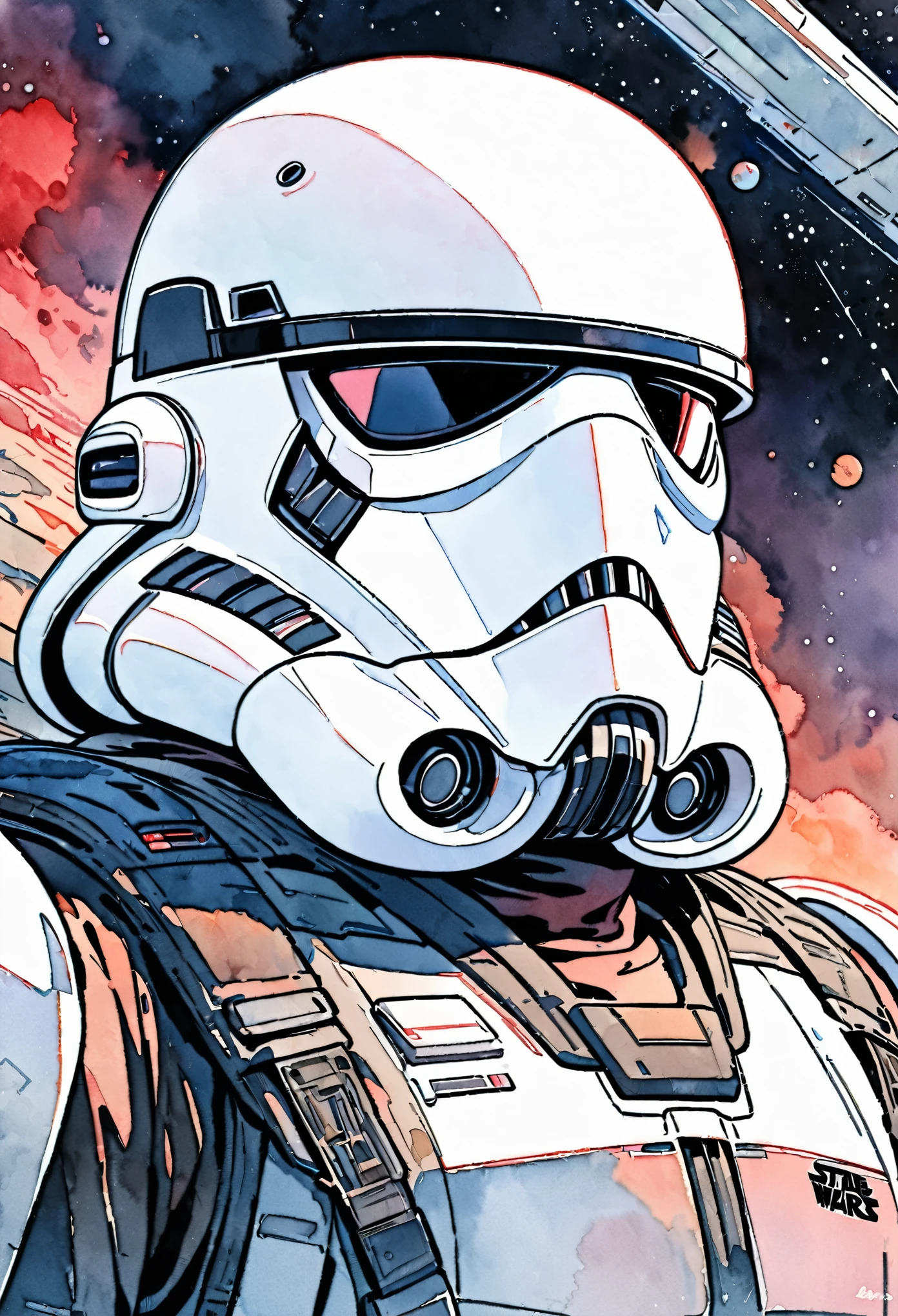 (masterpiece),(Highest quality),(Super detailed),(High resolution),((Line art)),((Watercolor)),8K,wallpaper,Stormtrooper,Star Wars,((The background is space)),Movie poster style