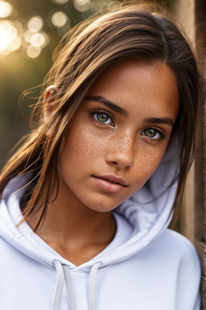 Beautiful tanned girl with light eyes, with brown hair and some freckles, dressed with a white Nike hoodie, ultra realistic image