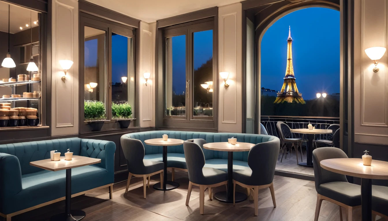 a cozy night time at a Parisian coffe shop interior with cozy lighting and coffee tables with cups on them. There is a big window in the middle of the coffee shop from which you can see the eifell tower outside