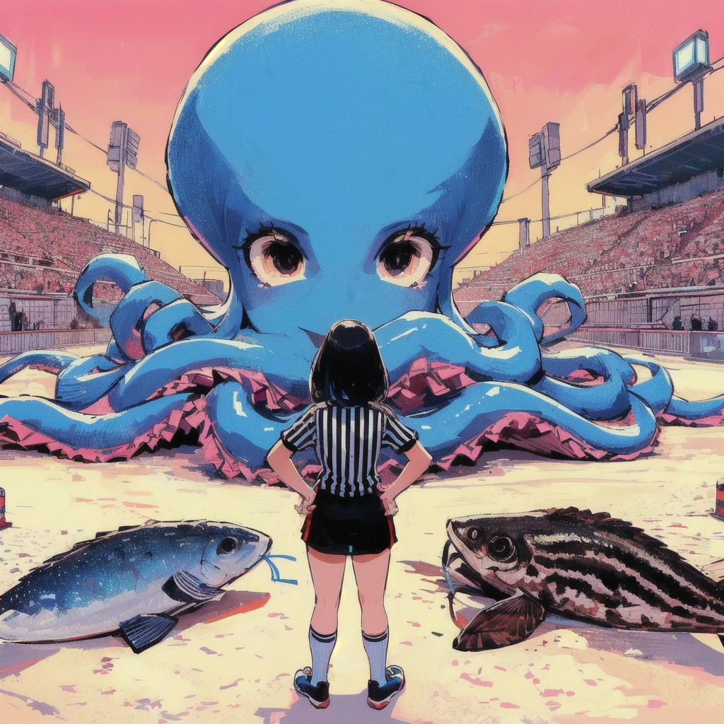 Illustration of a woman in a referee's uniform standing in front of an octopus, There are catfish on both sides,Just a joke, the artist is Charles Burns, alex gross, Octopus wrestling with spheres, Charles Burns, shintaro kago, Octopus fighting an astronaut, Inspired by Yuko Shimizu, Squid Game, Octopus Garden, Squid attack, Tom La Padula