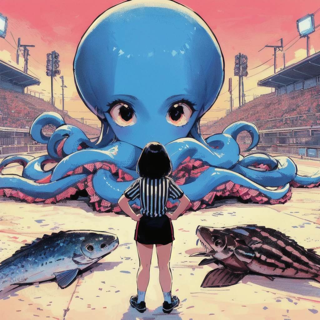 Illustration of a woman in a referee's uniform standing in front of an octopus, There are catfish on both sides,Just a joke, the artist is Charles Burns, alex gross, Octopus wrestling with spheres, Charles Burns, shintaro kago, Octopus fighting an astronaut, Inspired by Yuko Shimizu, Squid Game, Octopus Garden, Squid attack, Tom La Padula