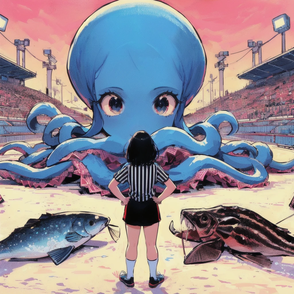 Illustration of a woman in a referee's uniform standing in front of an octopus, There are catfish on both sides,Just a joke, the artist is Charles Burns, alex gross, Octopus wrestling with spheres, Charles Burns, shintaro kago, Octopus fighting an astronaut, Inspired by Yuko Shimizu, Squid Game, Octopus Garden, Squid attack, Tom La Padula