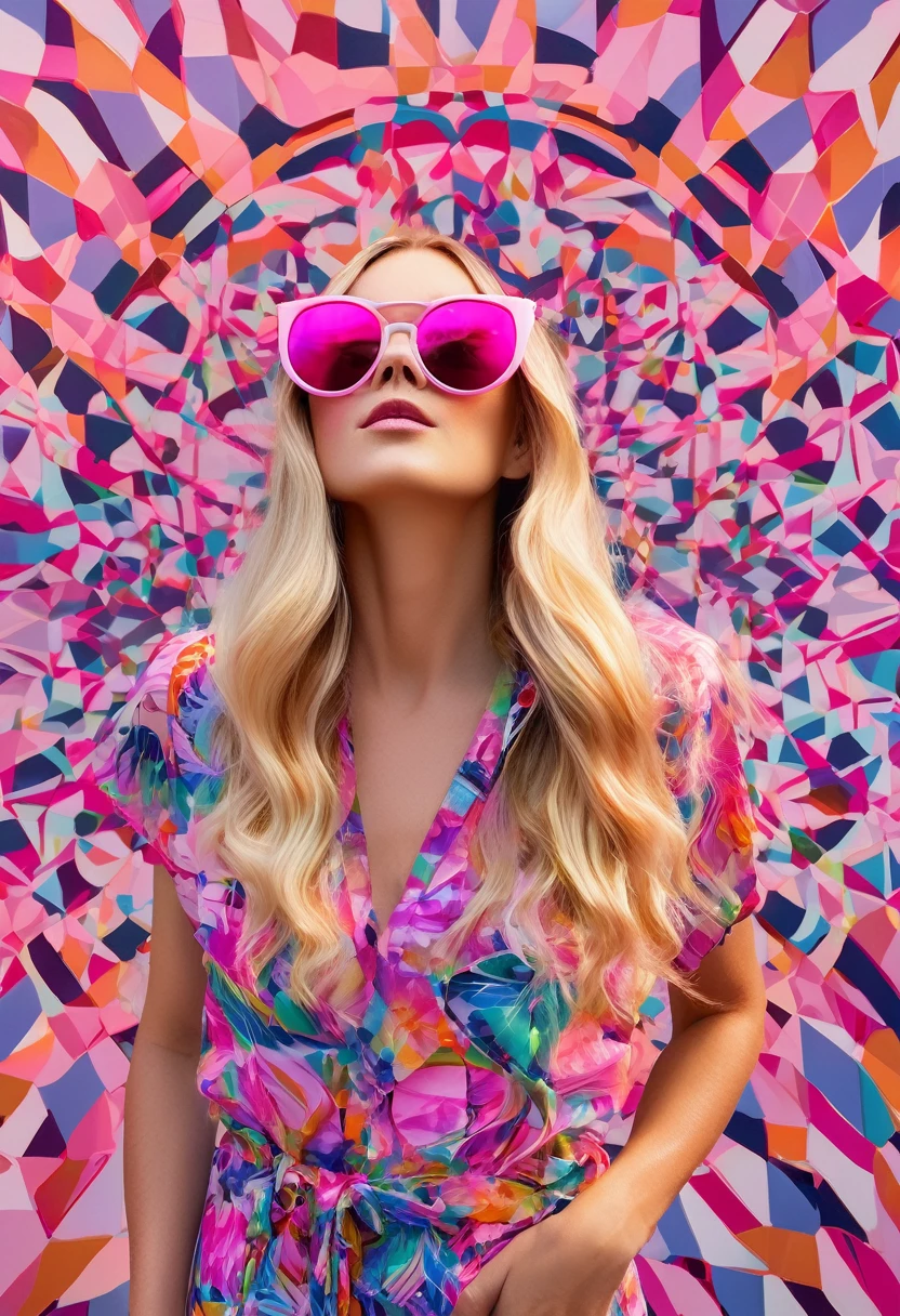 A vibrant and playful image of a woman with long, flowing blonde hair and oversized pink sunglasses, standing confidently in front of a kaleidoscopic background. Her head is tilted to the side, adding a touch of whimsy to the overall composition