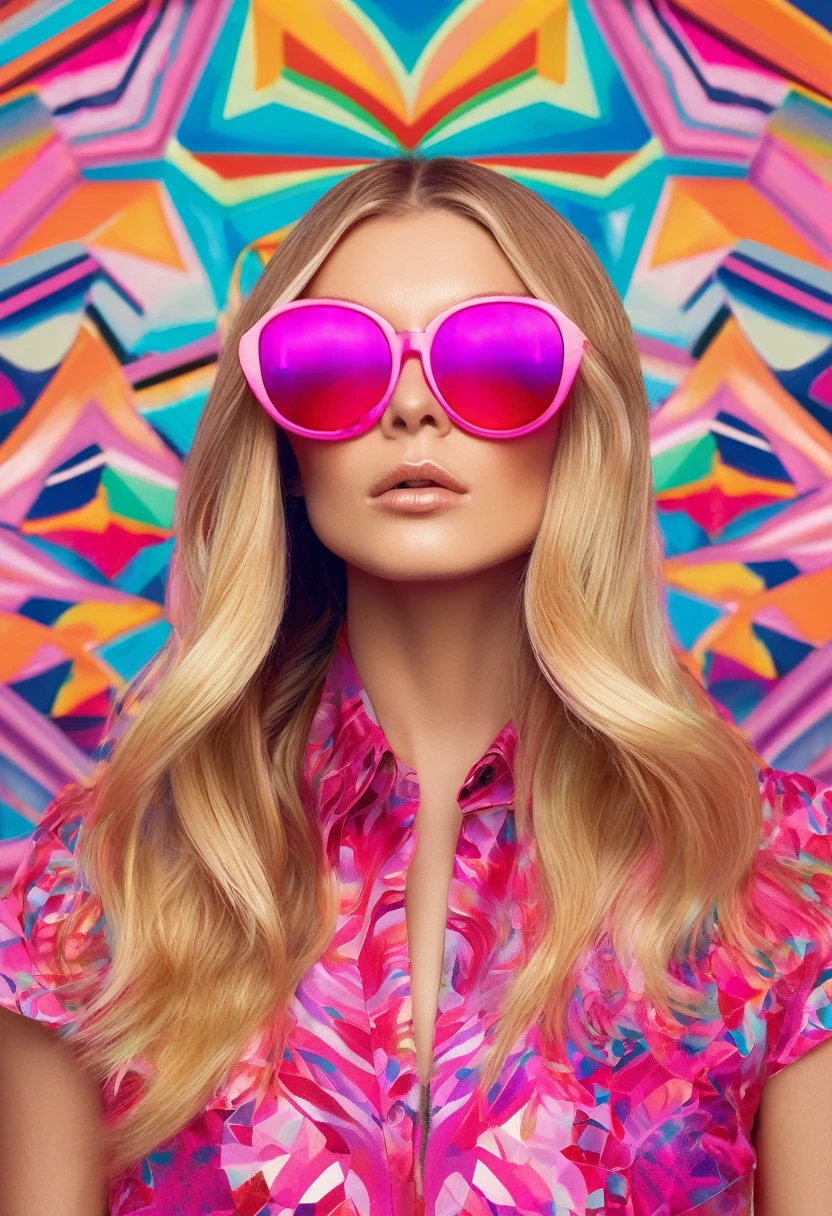 A vibrant and playful image of a woman with long, flowing blonde hair and oversized pink sunglasses, standing confidently in front of a kaleidoscopic background. Her head is tilted to the side, adding a touch of whimsy to the overall composition