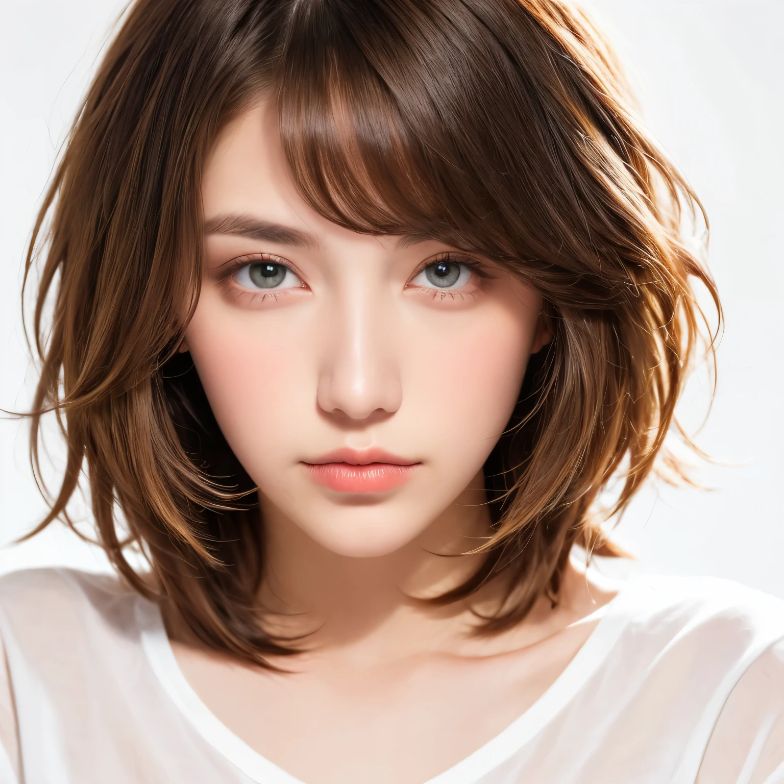 A high-quality, front-facing passport photowoman has a body hairstyle with a long style, bob length, tight soft curl, integrated into face line bangs, and blonde brown hair. The hairstyle should be completely realistic and well-defined, showcasing all the intricate details. The photo should feature a clear face and full hairstyle on a white background, showing only the face and neck, with a white t-shirt. The face should be positioned exactly in the center of the photo. colorful, vivid colors, masterpiece, best quality, absurdres, highest quality, amazing details, 8k, aesthetic, 