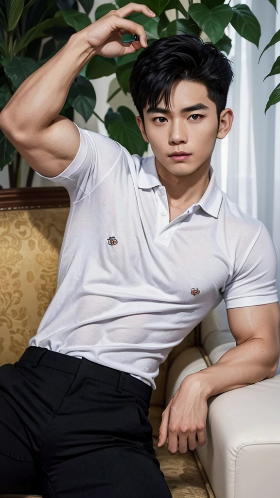 25 year old muscular Asian man, The face looks like that of an Indonesian artist., Bold and cool, Wear a tight white polo shirt., chest visible, Wear black trousers., ((in wonderland)), Pose, Photo model, Very high quality, Very high resolution,