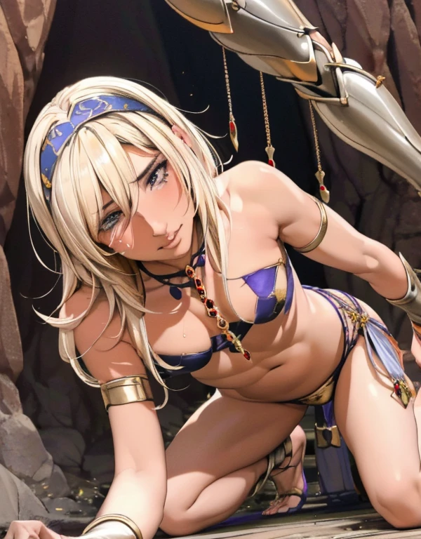 1 mature female,25yo,(female paladin surrounded and attacked by 3 goblins),(estrus goblin),((gorgeous paladin armor,arm guard,leg guard,holding dagger and small shield)),dynamic pose,dynamic angle,cave,(Weakly kneeling),(crying,angry),navel,large breasts,(Gorgeous Necklace,jewelry, bracelet)