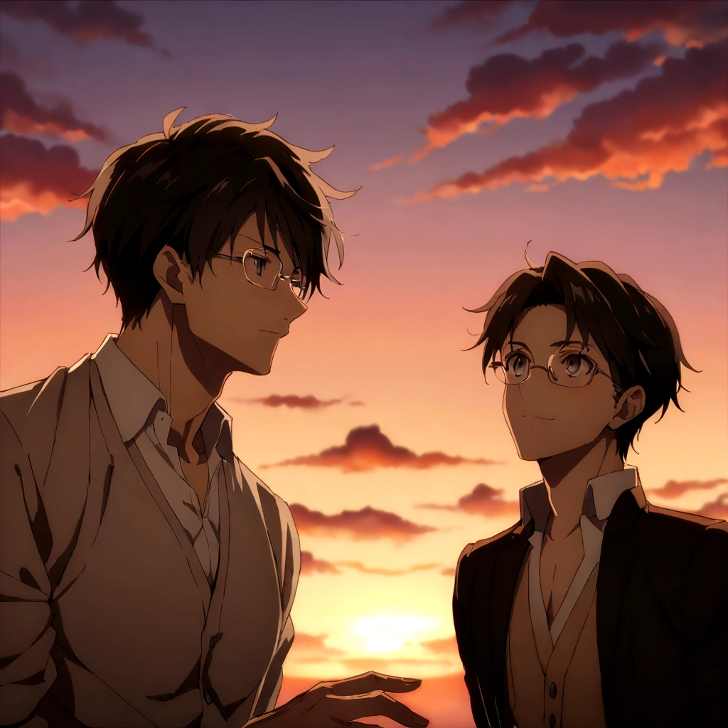 ((Highest quality)), ((masterpiece)), (detailed), Highest quality、High resolution、8K、((Sunset sky))、cloud、Looking up at the sky、With two accurate hands5Finger、One adult male、33 years old、Dark Eyes、Black Hair、Japanese anime-like style、超High resolutionかわいい萌えアニメ8k、handsome face manly、 Slender and muscular、Glasses