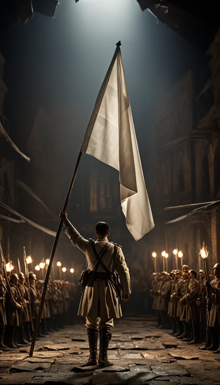 A dramatic still from a war movie showing the white flag raised in a climactic scene, holding a white flag, background war, hyper realistic, ultra detailed hyper realistic, photorealistic, Studio Lighting, reflections, dynamic pose, Cinematic, Color Grading, Photography, Shot on 50mm lens, Ultra-Wide Angle, Depth of Field, hyper-detailed, beautifully color, 8k, golden light from the front,