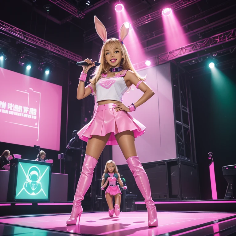 (masterpiece), (best quality), (high res) Solo, (perfect anatomy young girl (), tanned brown skin, light blonde hair (shoulder length), green eyes, (pink skin tight idol outfit), (pink high heels boots), (shirt), (super tight pinkmini skirt), smiling, flat chest in a futuristic stage setting with a green light, cyberpunk, cyber suit, best anime 4k, cybersuits, singing to a big crowd of people, dog collar, pink lipstick, rabbit ears, bimbo