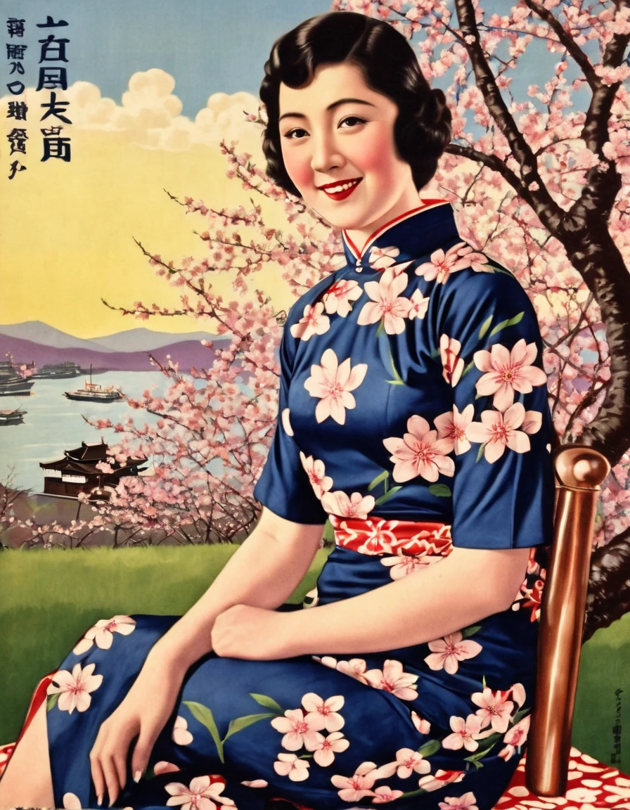 Highest quality、masterpiece、Retro image of a Japanese poster from the 1930s、One young woman、geometric pattern cheongsam、Sitting on a picnic seat outside admiring the cherry blossoms、Close-up