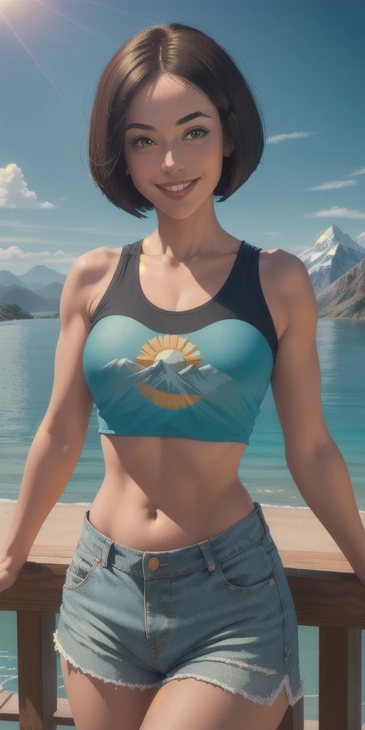 (Highest quality, masterpiece), One girl, Upper Body, smile, Happy, calm Ocean, Crop top, Shorts, View your viewers, Bob-cut Hair, sun, Mountain