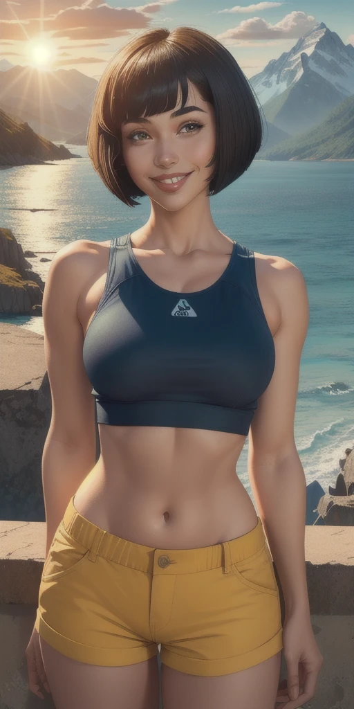 (Highest quality, masterpiece), One girl, Upper Body, smile, Happy, calm Ocean, Crop top, Shorts, View your viewers, Bob-cut Hair, sun, Mountain