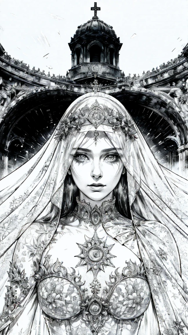 Portrait of woman, catholic virgin, dress with transparent veil , whole body, (8k, photo and gross, of the highest quality), Hyper realistic, intricate summary, Intricate artwork, abstract style, Striking portrait, threatening, creature from another world, [devil:darkness:35], [Temple, roman church , frozen landscape, cold and desolate, fearsome power and ethereal presence, non-representational, pencil drawing and shapes, expression of feelings, imaginative, Very detailed, transparencies, shadows, Contrasts, Extremely high resolution details, photographic, Realism taken to the extreme, fine texture, 4k, ultra detailed, high quality, high contrast made of resin , black and white drawing 