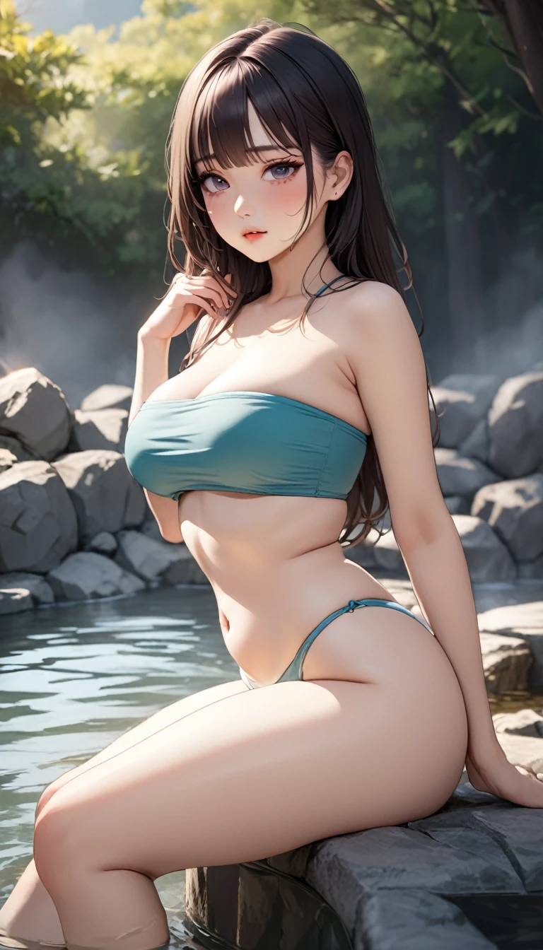 (((masterpiece))),(((High resolution)))、(((8K)))、(((perfect face)))、(((Korean beauty)))、20 years old、(((beautiful face))), (((tube top bikini))), (hot spring),a little Plump, embarrassed look, look at the camera, (thighs)、top quality eyes, detailed texture, look at the camera
