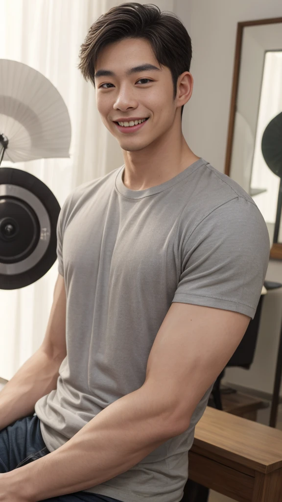 ((Highest quality, 8K, Masterpiece: 1.3))、Cool Korean guy, 1A man who has、 yo、Good appearance、Beautiful nose、smile、 Detailed eyes and face、beautiful light、(studio)、high resolution、(Look at the viewer.)、Fine mouth、smile、whole body: 1.5, perfect shape: 1.3, Picture of both shoulders:1.3, Gray round neck t-shirt:1.5