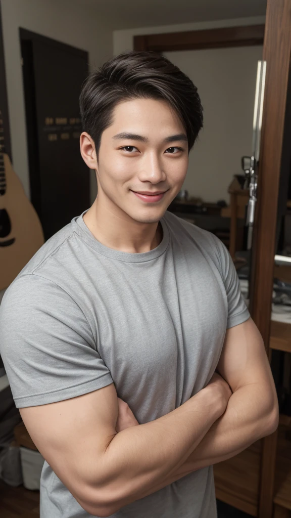 ((Highest quality, 8K, Masterpiece: 1.3))、Cool Korean guy, １A man who has、 yo、Good appearance、Beautiful nose、smile、 Detailed eyes and face、beautiful light、(studio)、high resolution、（Look at the viewer.）、Fine mouth、smile、whole body: 1.5, perfect shape: 1.3, Picture of both shoulders:1.3, Gray round neck t-shirt:1.5