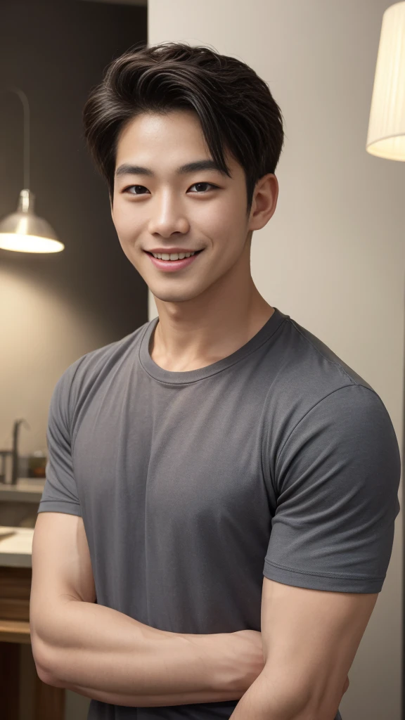 ((Highest quality, 8K, Masterpiece: 1.3))、Cool Korean guy, 1A man who has、 yo、Good appearance、Beautiful nose、smile、 Detailed eyes and face、beautiful light、(studio)、high resolution、(Look at the viewer.)、Fine mouth、smile、whole body: 1.5, perfect shape: 1.3, Picture of both shoulders:1.3, Gray round neck t-shirt:1.5