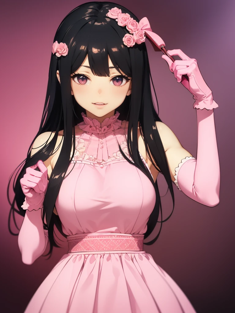 (Awareness-raising:1.1)、(Highest quality)、(masterpiece:1.1)、(Beautiful and vivid background:1.25)、(masterpiece、Highest quality、Ultra-detailed)、(anime cg)、(Beautiful and fine details)、Big Stage、Stage lighting、(black Hair、Redhead)、
One Girl、alone、Looking at the audience、Cowboy Shot、Upper body、
Ayumu Uehara、pink Eyes、Ruffled Dress、Pastel Pink Dress、A light smile、Depth of written boundary、(Pastel pink gloves:1.4)、Frilled gloves、Sweeping bangs、
Exposing shoulders、Close one eye、Rounded teeth、
Love Pose,Double V,