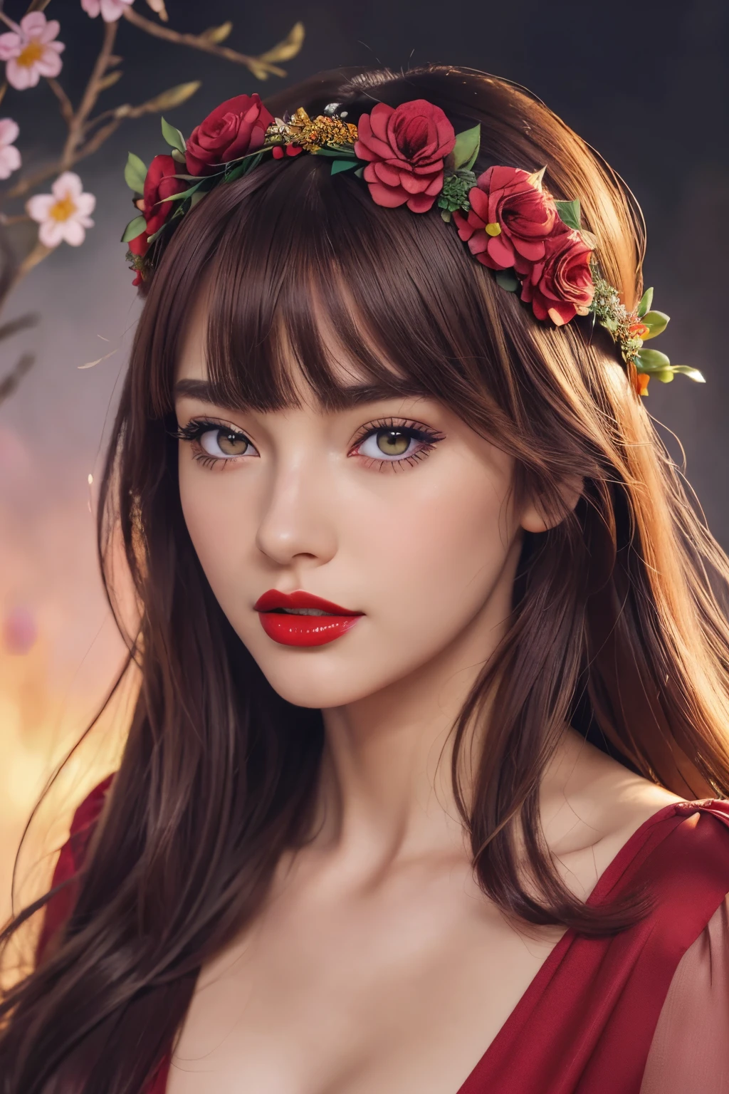 (masterpiece),(best quality:1.0), (ultra highres:1.0), detailed illustration, 8k, anime, 1girl, beautiful anime girl, wearing a red dress, flower crown, pretty face, detailed face, beautiful eyes, detailed eyes, dark red eyes, bright red lips, red lipstick, beautiful stylish hair, highlights in hair, bangs anime style, best quality, vibrant