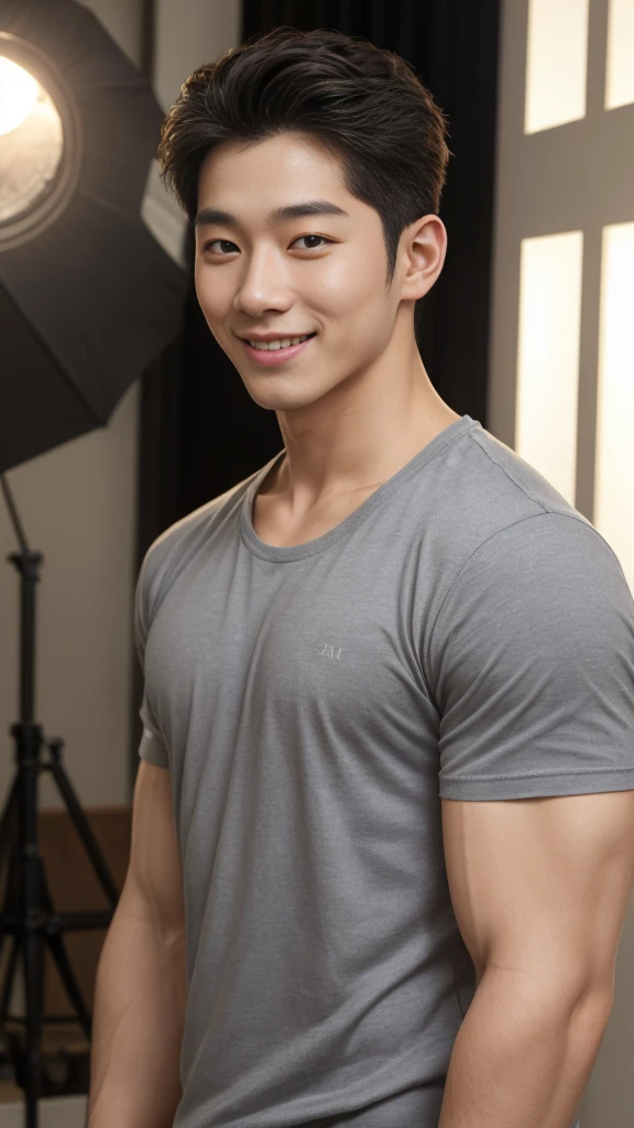((Highest quality, 8K, Masterpiece: 1.3))、Cool Korean guy, 1A man who has、 yo、Good appearance、Beautiful nose、smile、 Detailed eyes and face、beautiful light、(studio)、high resolution、(Look at the viewer.)、Fine mouth、smile、whole body: 1.5, perfect shape: 1.3, Picture of both shoulders:1.3, Gray round neck t-shirt:1.5