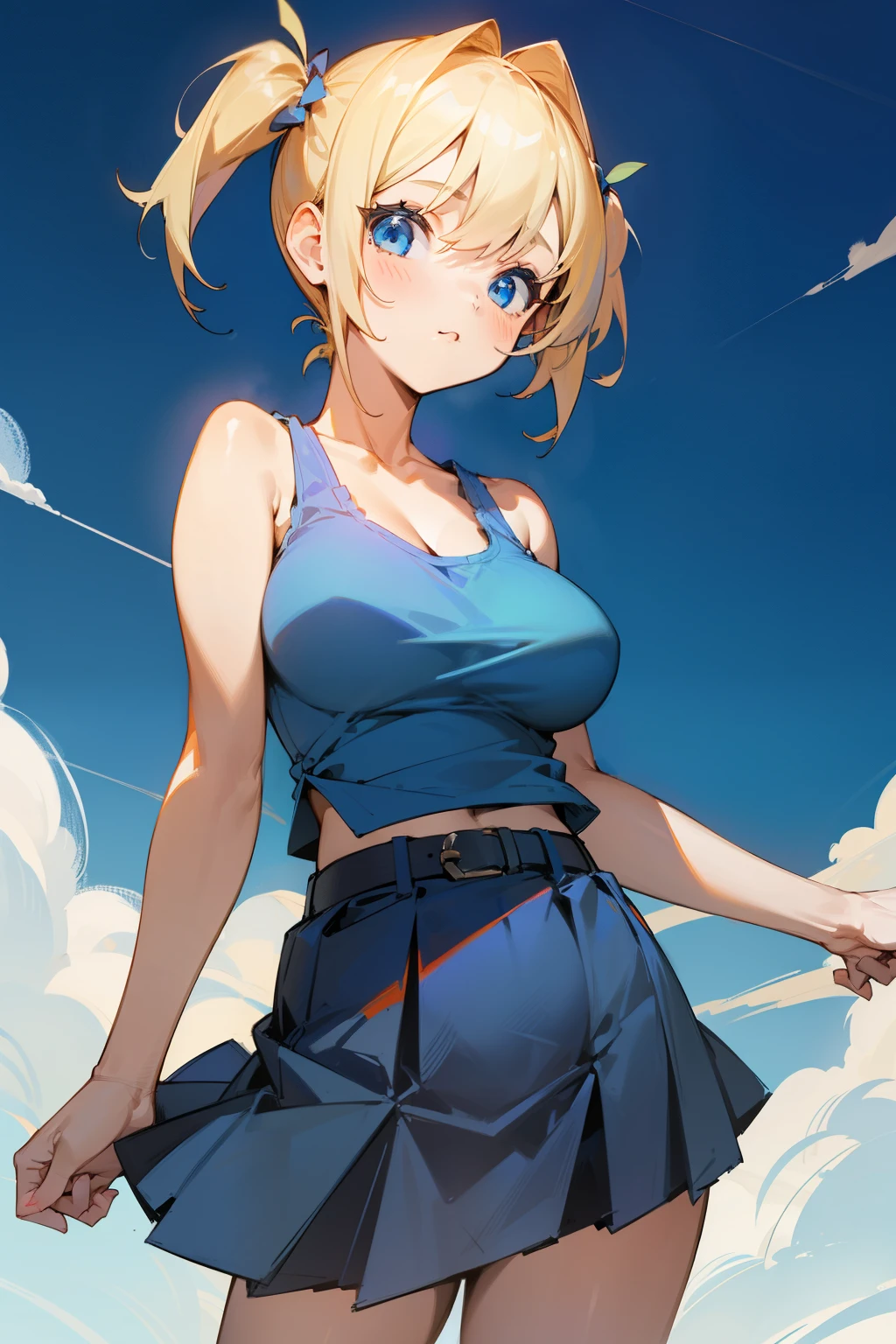 Cute girl, short blonde hair, pigtails, blue eyes, blue dress, blue tank top, wide black belt, short blue skirt, big breasts