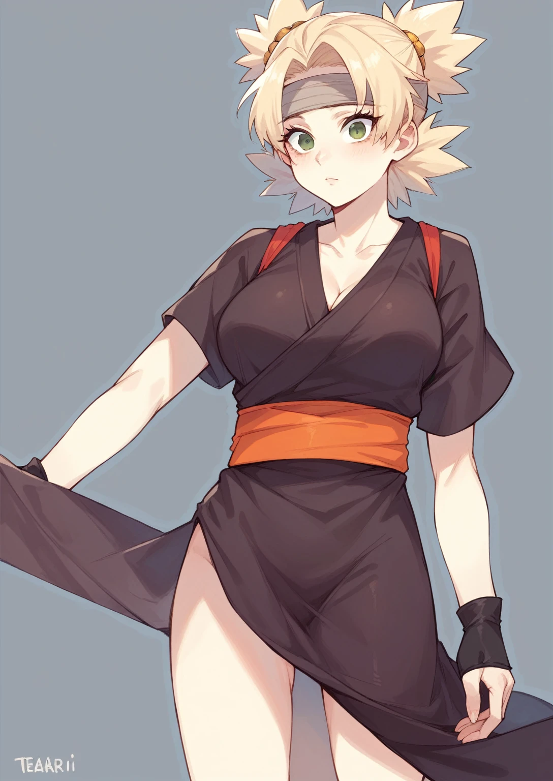 1 girls, Temari, gray clothes, Short hair, beautiful face, Black gloves, Big breasts, breast cleavage, high-detail