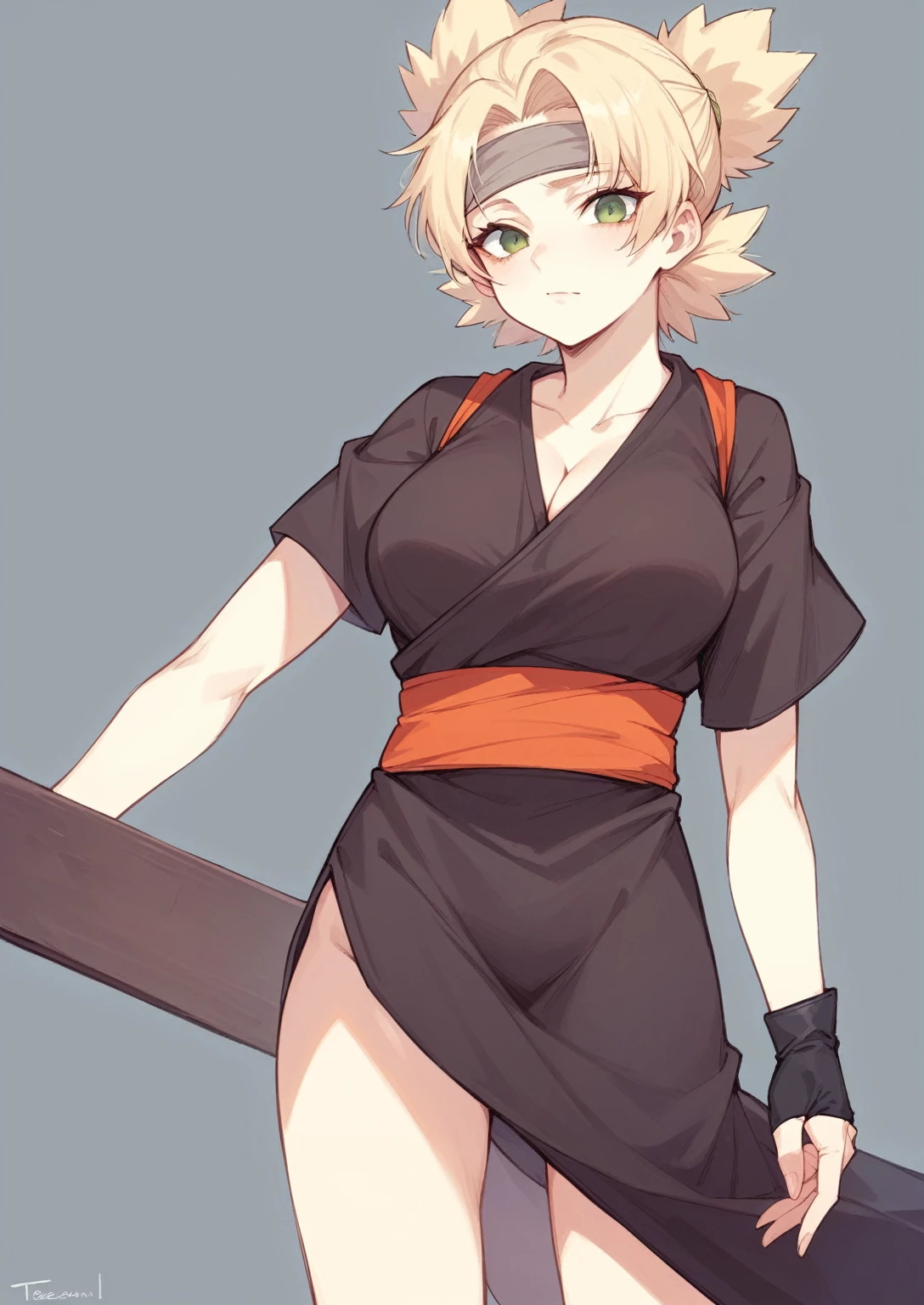 1 girls, Temari, gray clothes, Short hair, beautiful face, Black gloves, Big breasts, breast cleavage, high-detail