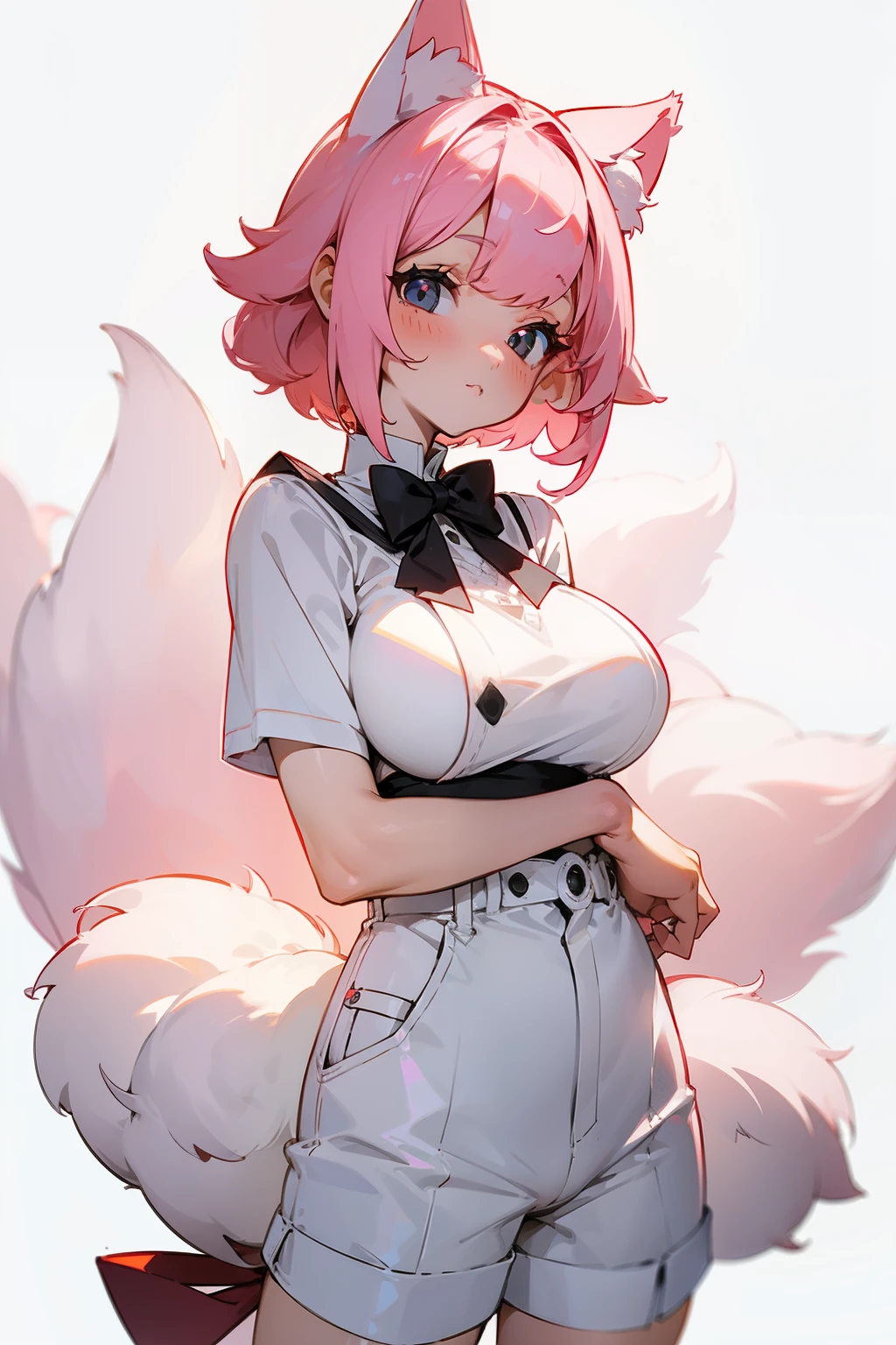 Cute girl, short white hair, white cat ears, white cat tail, black eyes, rosy cheeks, pink hair bow, big breasts, short pants 🎀