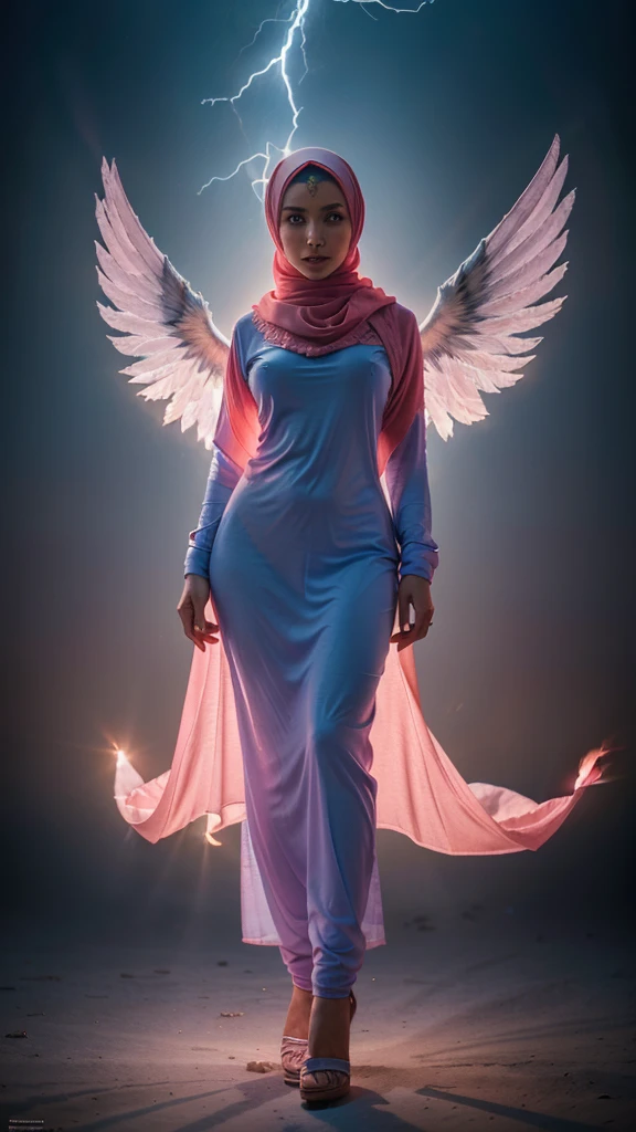 natural photography, UHD resolution, unique moment, when a beautiful female angel wears a hijab, wearing pink clothes, with the right wing being ice blue and the left wing being fire red, and fierce aura, The otherworldly background is eerie and quiet, full body, remote camera, while standing, feet are on the ground, light up