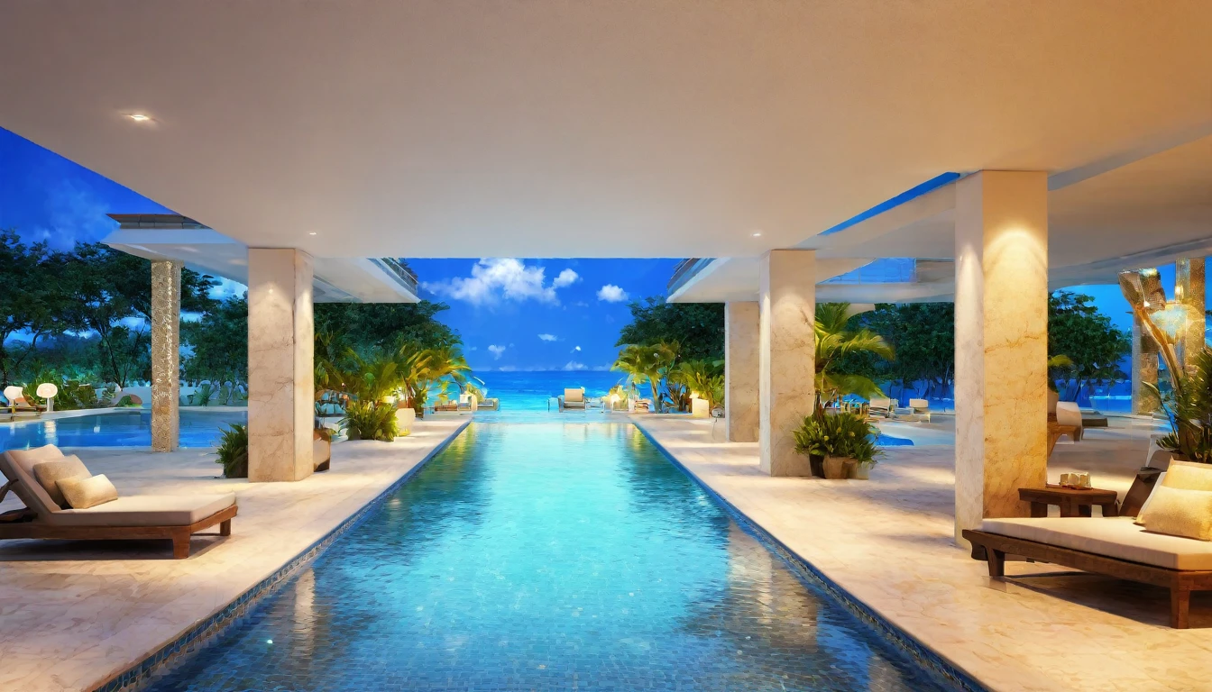 Resort hotels,Pool,Summer sky,Blur the background,Glitter effect,Highest quality, 8K, High resolution, masterpiece:1.2, Very detailed, Realistic:1.37, High resolution, 超High resolution, Ultra-fine painting, Very detailed, Professional, Vibrant colors
