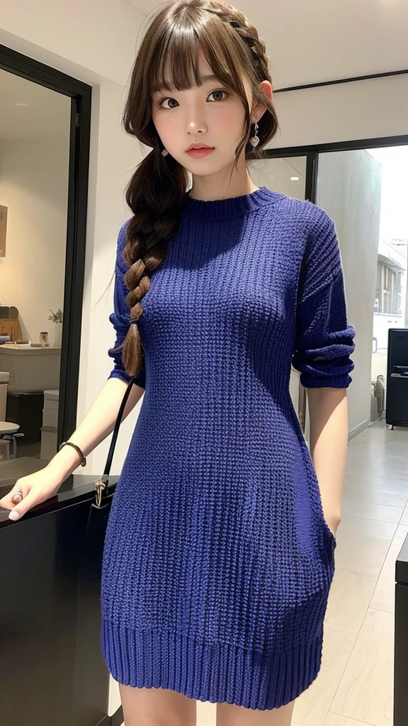 girl 18-year-old Hairstyle Casual, wearing a thigt knit dress with random design
