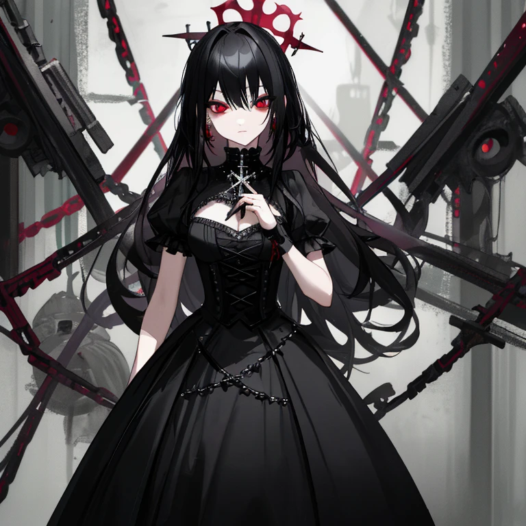 (masterpiece, Highest quality:1.3), Ultra high definition, Fantasy, black gothic dress、cross、breast enhancement、Condescending eyes、Red eyes、Punk Fashion、Earrings、Studs、Lock、mysterious、Black Hair、long hair