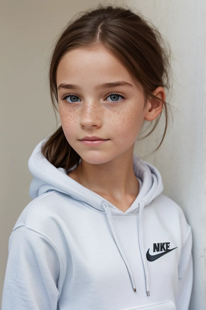 Belle fille d'environ 12 ans aux yeux clair, with brown hair and some freckles, dressed with a white Nike hoodie, ultra realistic image