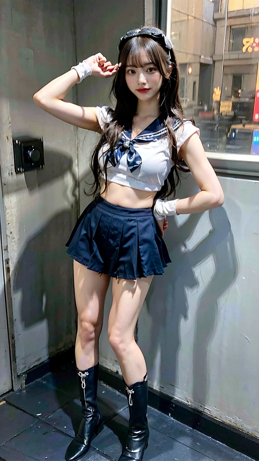 (8K、RAW Photos、Highest quality、masterpiece:1.2)、(Realistic、Realistic)、1 girl、((Sailor Warrior Outfits:1.5、With pubic hair、Large Breasts、Full body from the front、Standing with hands behind back、、Lots of eyelashes、Glowing eyelids、skeletally correct、smile、This photo will awaken boys to sex、Public toilets