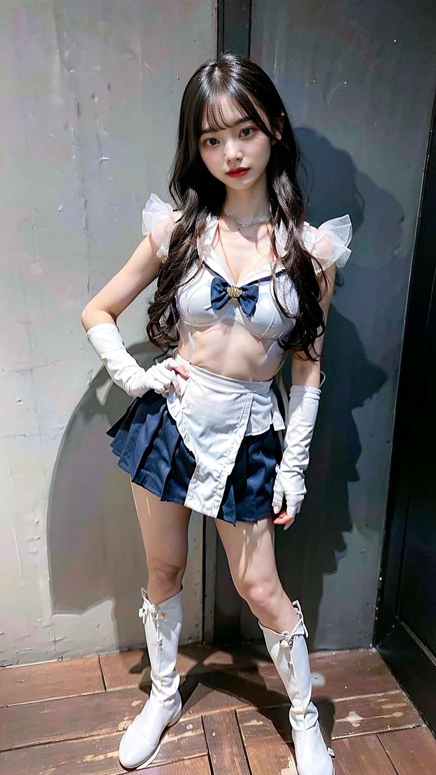 (8K、RAW Photos、Highest quality、masterpiece:1.2)、(Realistic、Realistic)、1 girl、((Sailor Warrior Outfits:1.5、With pubic hair、Large Breasts、Full body from the front、Standing with hands behind back、、Lots of eyelashes、Glowing eyelids、skeletally correct、smile、This photo will awaken boys to sex、Public toilets