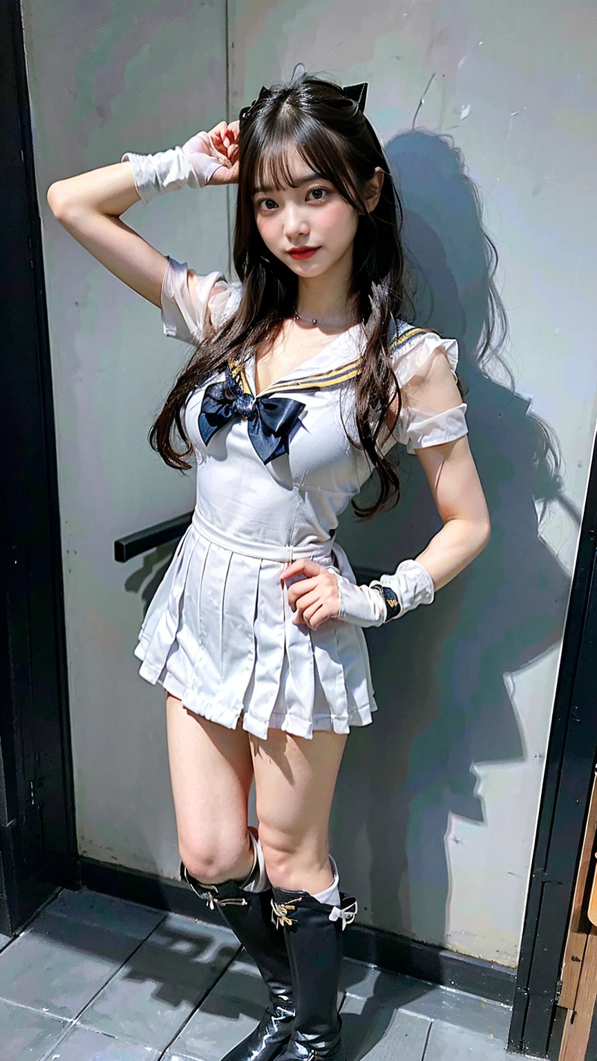 (8K、RAW Photos、Highest quality、masterpiece:1.2)、(Realistic、Realistic)、1 girl、((Sailor Warrior Outfits:1.5、With pubic hair、Large Breasts、Full body from the front、Standing with hands behind back、、Lots of eyelashes、Glowing eyelids、skeletally correct、smile、This photo will awaken boys to sex、Public toilets