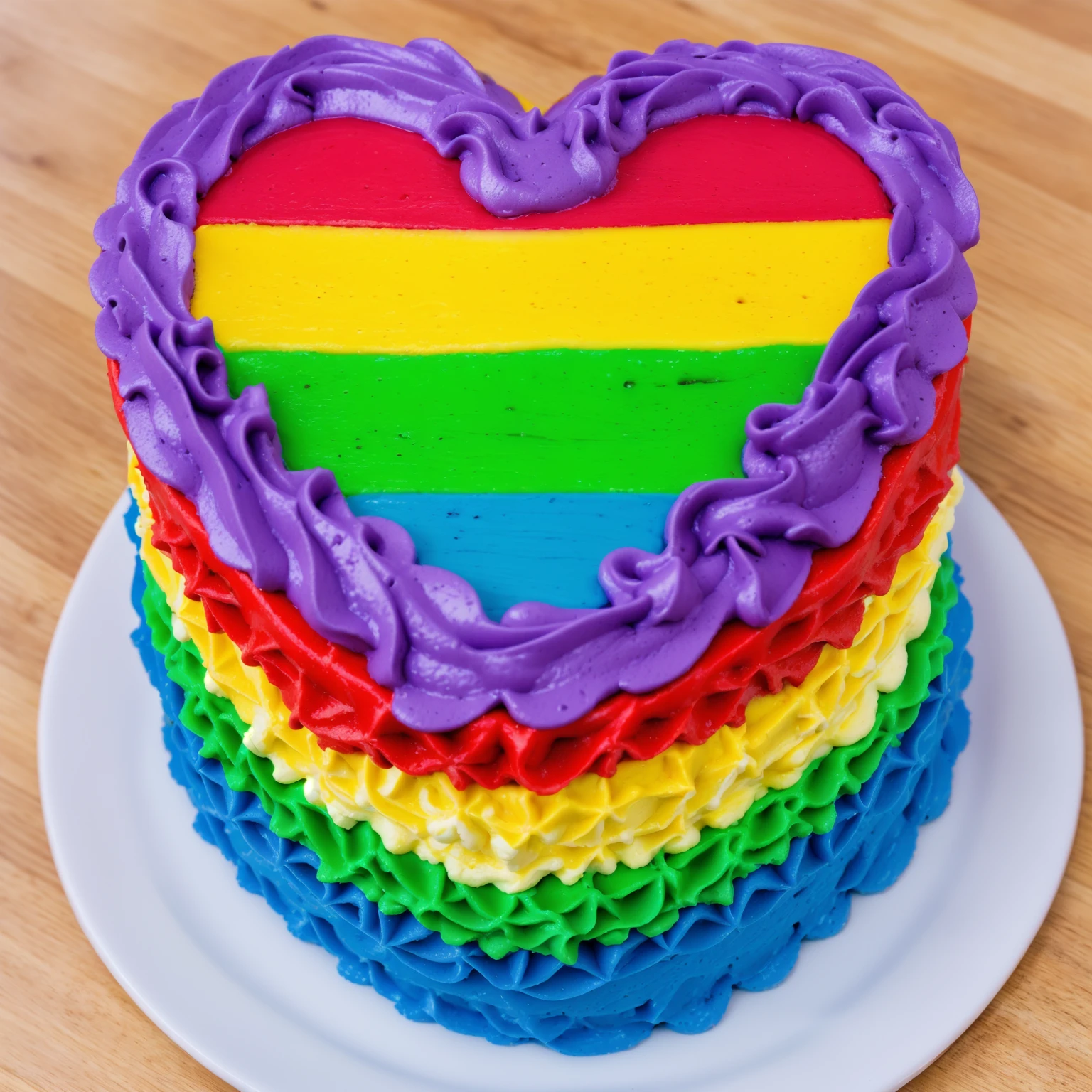 on a wooden table, there is a white plate with a heart-shaped cake, rainbow cream heart cake. star shaped cream, multi-colored heart on top, decorated with purple cream, cream with highlights, view from above,  Beautiful light from the window, beautiful lighting, Realistic style, realistic textures, high quality, high detail, detailed textures, ultra 4k hd, macro photography
