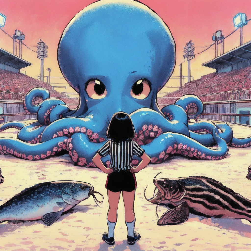 Illustration of a woman in a referee's uniform standing in front of an octopus, There are catfish on both sides,Just a joke, the artist is Charles Burns, alex gross, Octopus wrestling with spheres, Charles Burns, shintaro kago, Octopus fighting an astronaut, Inspired by Yuko Shimizu, Squid Game, Octopus Garden, Squid attack, Tom La Padula