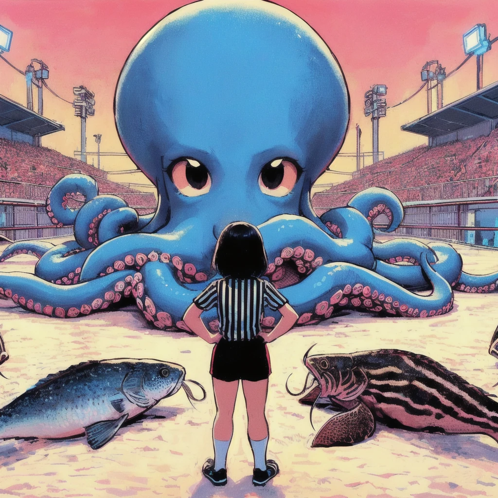 Illustration of a woman in a referee&#39;s uniform standing in front of an octopus, There are catfish on both sides,Just a joke, the artist is Charles Burns, alex gross, Octopus wrestling with spheres, Charles Burns, shintaro kago, Octopus fighting an astronaut, Inspired by Yuko Shimizu, Squid Game, Octopus Garden, Squid attack, Tom La Padula