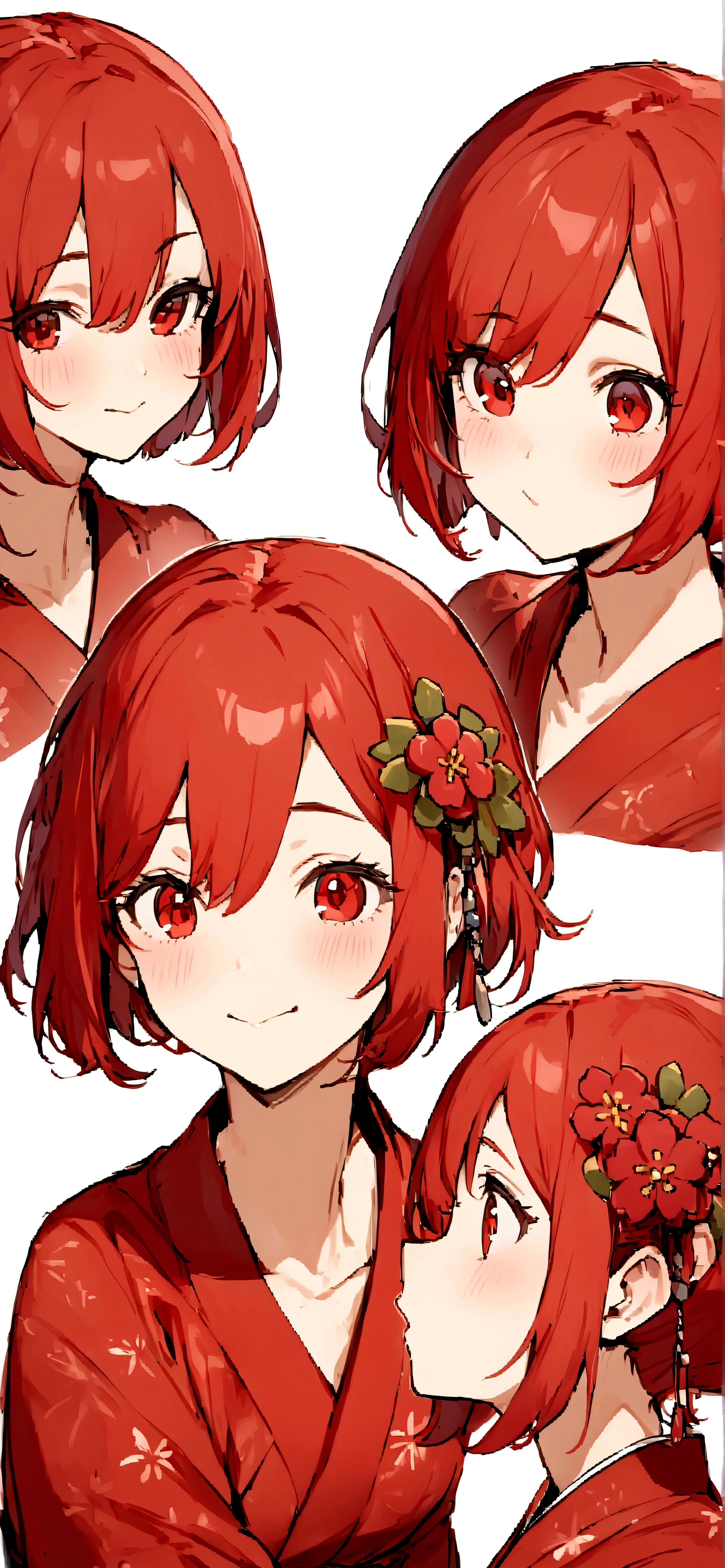 ((masterpiece, Highest quality)), (One girl), (alone)、Place it small in the center so that it doesn't get cut off.、Older sister in her late 20s, Red Hair、Character portrait、Plum blossom accessories、Red kimono、White background、Red medium bob hair、Red eyes