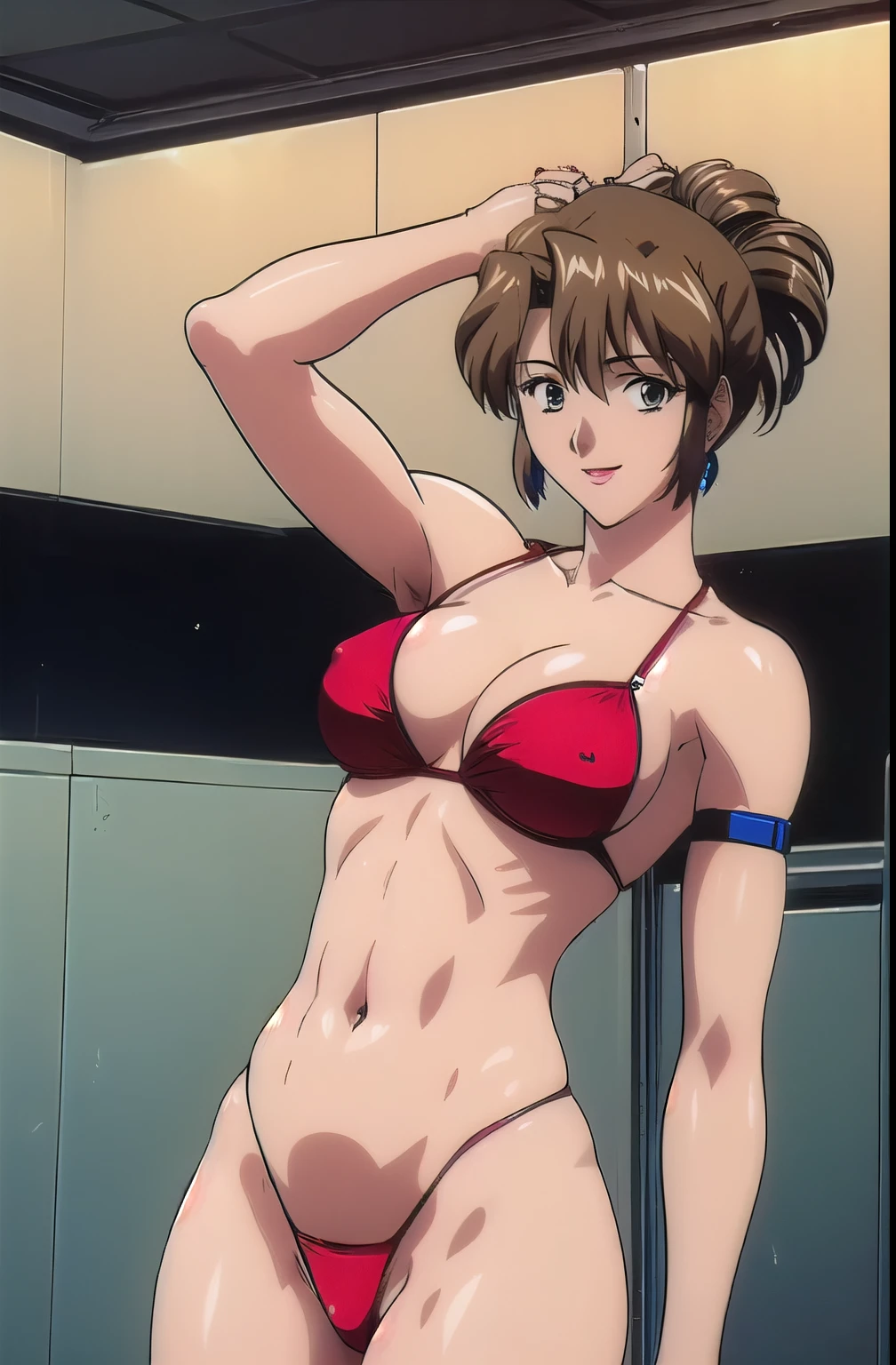 masterpiece, best quality, looking at viewer, (upper body:1.7), medium height, ultra detailed, (toned arms:1.9), (on-shoulders:1.5), (mini thong:1.8), (black hair), (smile:1.5), folded ponytail, locker room, bright image, (ultra detailed red bikini:1.5), hot colors, (leg strap:1.5), closed fists, lip stick, smile, very big breasts with perky nipples, big cleavage, white skin, lights, high brightness, wide hips, groin line, white skin, (long belly:1.3)
