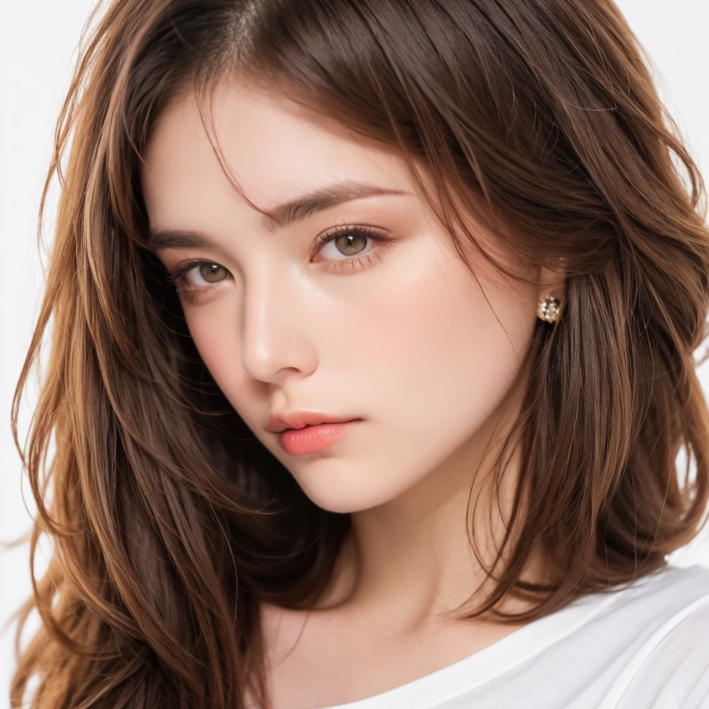 A high-quality, front-facing passport photowoman has a body hairstyle with a long style, bob length, tight soft curl, integrated into face line bangs, and blonde brown hair. The hairstyle should be completely realistic and well-defined, showcasing all the intricate details. The photo should feature a clear face and full hairstyle on a white background, showing only the face and neck, with a white t-shirt. The face should be positioned exactly in the center of the photo. colorful, vivid colors, masterpiece, best quality, absurdres, highest quality, amazing details, 8k, aesthetic,