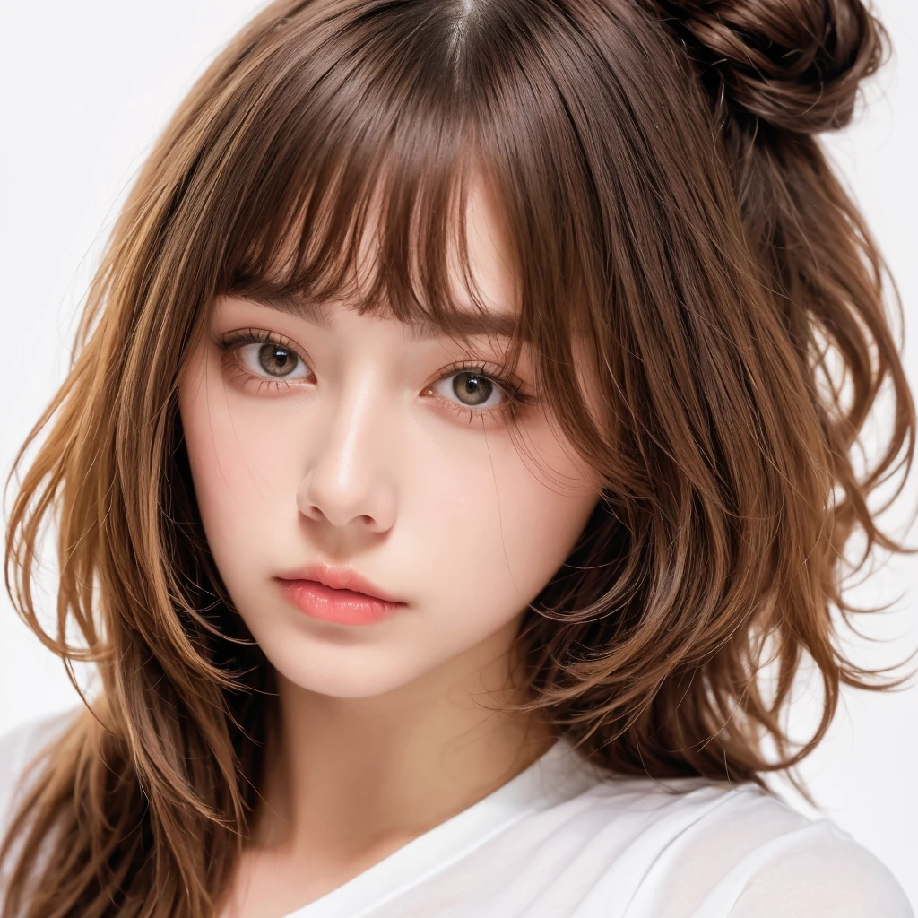 A high-quality, front-facing passport photowoman has a body hairstyle with a long style, bob length, tight soft curl, integrated into face line bangs, and blonde brown hair. The hairstyle should be completely realistic and well-defined, showcasing all the intricate details. The photo should feature a clear face and full hairstyle on a white background, showing only the face and neck, with a white t-shirt. The face should be positioned exactly in the center of the photo. colorful, vivid colors, masterpiece, best quality, absurdres, highest quality, amazing details, 8k, aesthetic,