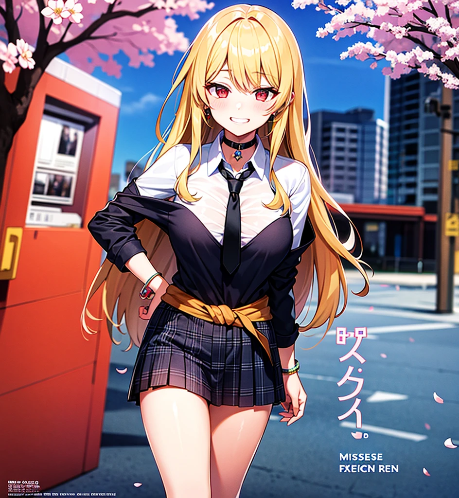 masterpiece, best quality, full body, 1girl, bangs, black choker, black necktie, blonde hair, blue skirt, blush, bracelet, breasts, choker, clothes around waist, collarbone, collared shirt, cowboy shot, dress shirt, ear piercing, eyebrows visible through hair, gradient hair, grin, gyaru, jewelry, kogal, long hair, looking at viewer, loose necktie, necktie, piercing, plaid, plaid skirt, pleated skirt, red eyes, ring, , shirt, skirt, smile, solo, white shirt, street, sky, cherry blossoms, petals,illustration, (magazine:1.3), (cover-style:1.3), fashionable, woman, vibrant, outfit, posing, front, colorful, dynamic, background, elements, confident, expression, holding, statement, accessory, majestic, coiled, around, touch, scene, text, cover, bold, attention-grabbing, title, stylish, font, catchy, headline, larger, striking, modern, trendy, focus, fashion,