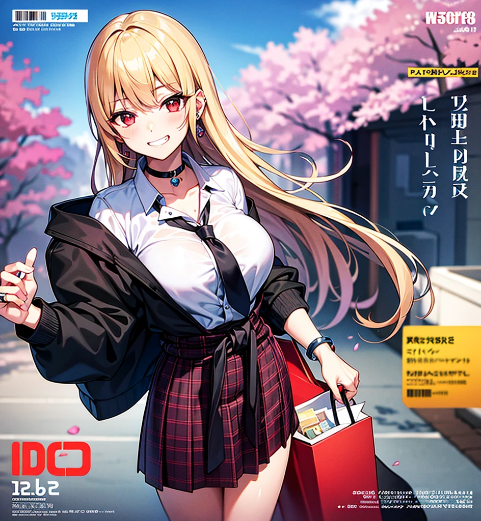 masterpiece, best quality, full body, 1girl, bangs, black choker, black necktie, blonde hair, blue skirt, blush, bracelet, breasts, choker, clothes around waist, collarbone, collared shirt, cowboy shot, dress shirt, ear piercing, eyebrows visible through hair, gradient hair, grin, gyaru, jewelry, kogal, long hair, looking at viewer, loose necktie, necktie, piercing, plaid, plaid skirt, pleated skirt, red eyes, ring, , shirt, skirt, smile, solo, white shirt, street, sky, cherry blossoms, petals,illustration, (magazine:1.3), (cover-style:1.3), fashionable, woman, vibrant, outfit, posing, front, colorful, dynamic, background, elements, confident, expression, holding, statement, accessory, majestic, coiled, around, touch, scene, text, cover, bold, attention-grabbing, title, stylish, font, catchy, headline, larger, striking, modern, trendy, focus, fashion,